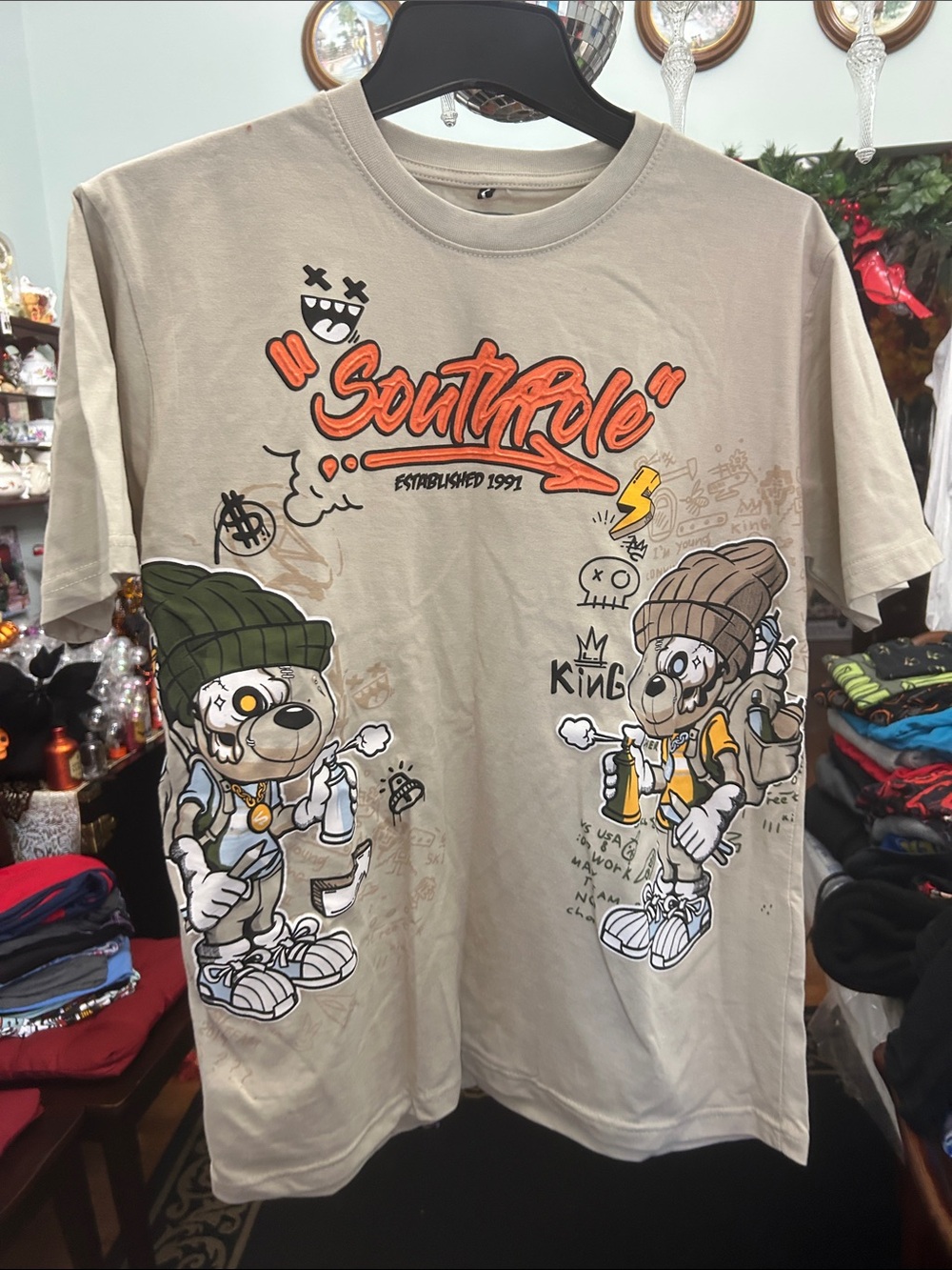 South Pole Beige Graphic Tee with Cartoon Bear Duo and Orange Logo